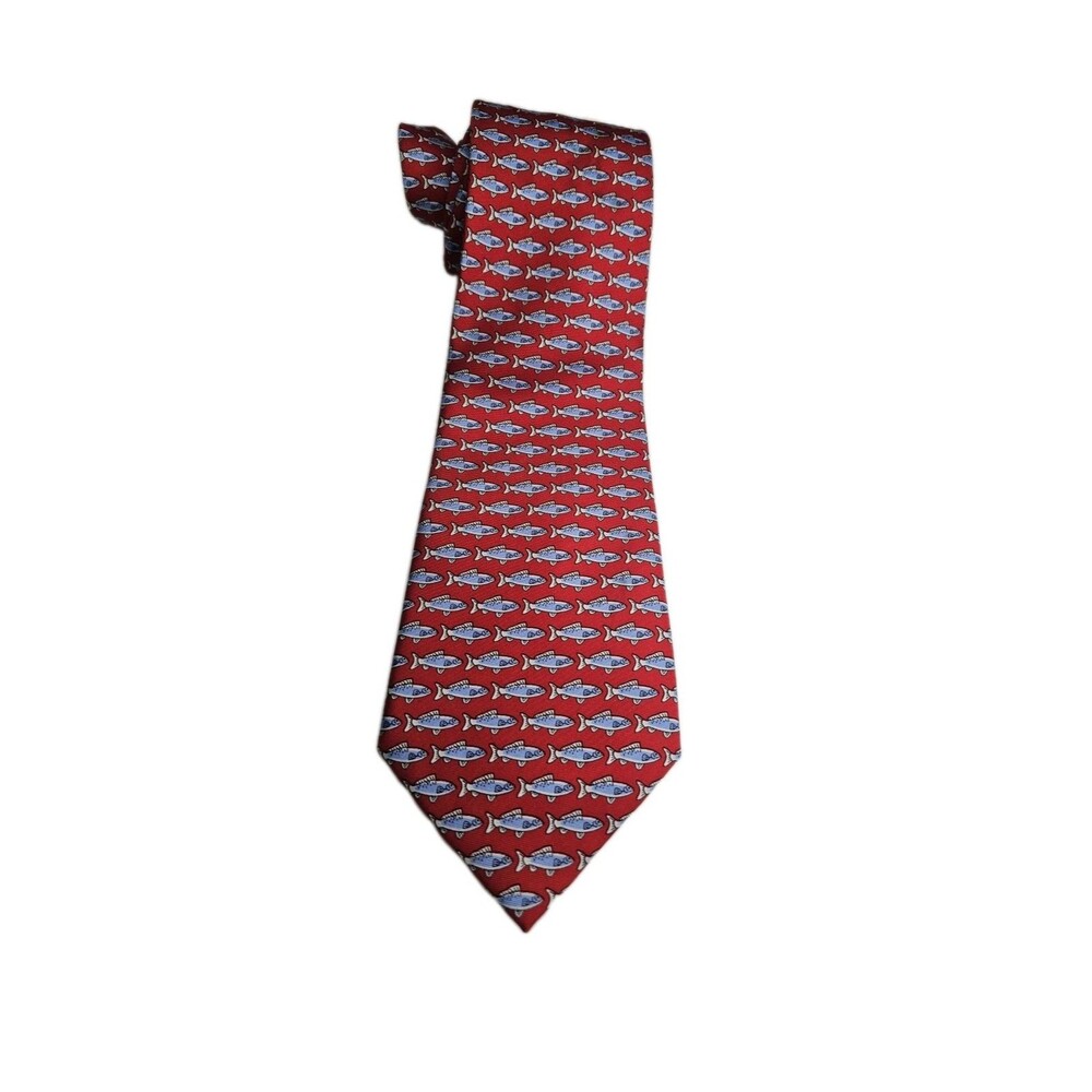 Sero New England Classics Red Fish Print Silk Tie Sardine Novelty Necktie